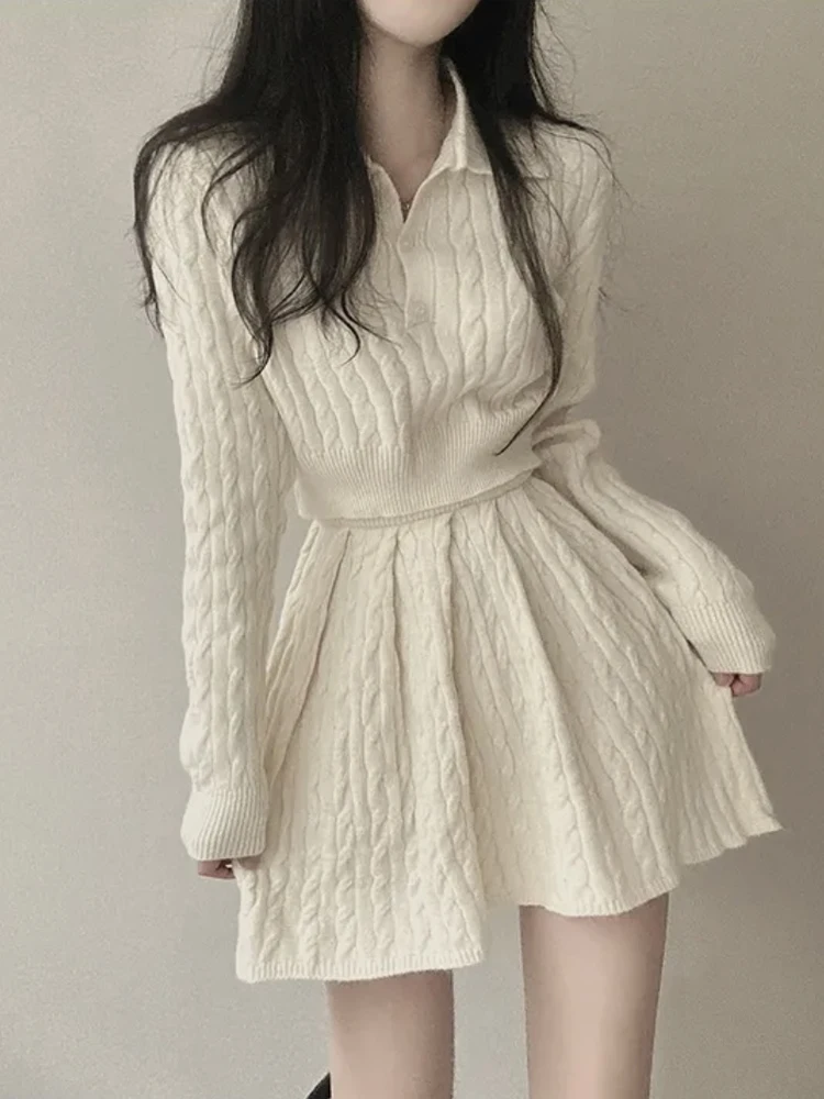 

High Waist Knitted Sweater And Skirt Set for Women Autumn ort Twist Knitted Dr College Sle Faion Outfit Two Pieces