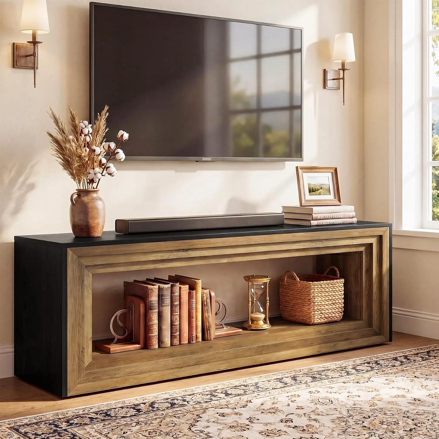 2-Tier TV Stand 75 Inch Entertainment Center Storage Shelf Farmhouse Media Cabinet Console Table Living Room 63