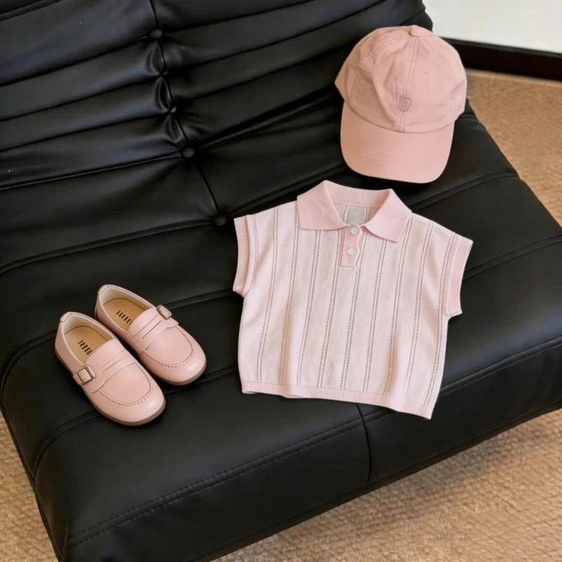 2026 Summer Hot Selling Pink Thin POLO Collar Knitted Vest and Solid Color Shorts Two-piece Set