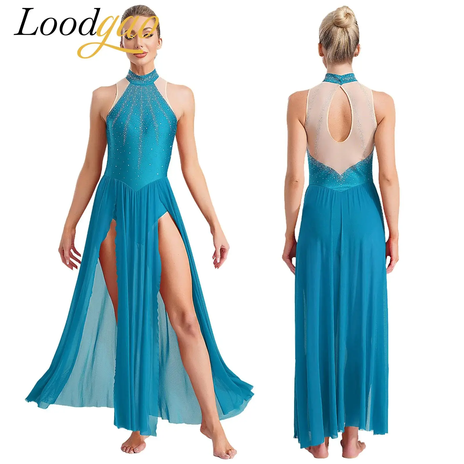 

Women Modern Lyrical Dance Dress Sleeveless Split Sheer Mesh Ballet Dress Contemporary Performance Dancewear Gymnastics Leotard