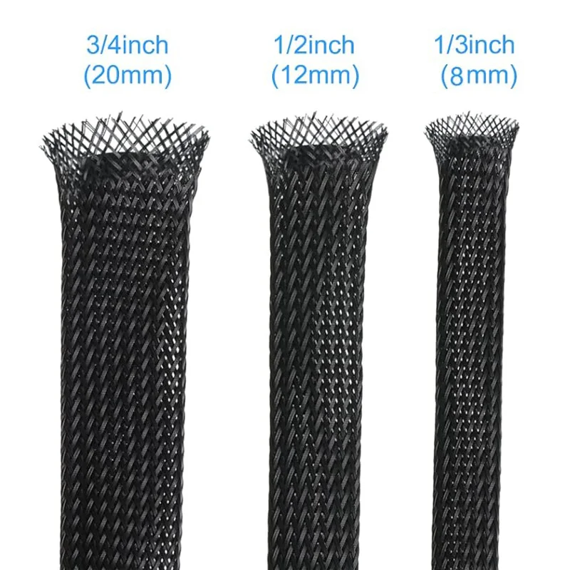 3m/9.85ft PET Expandable Braided Sleeving Flexible Wire Mesh Sleeve Black For TV Audio PC Cords Protect From Pets Chewing