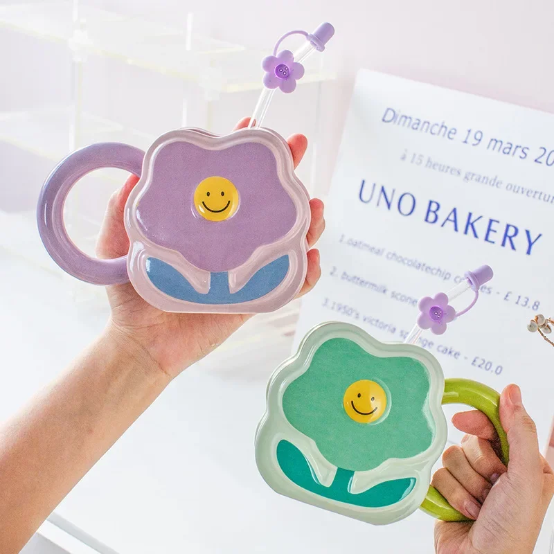 

Creative Flower Shaped Ceramic Cup Watercup Girls' Heart Student Straw Mugs Office Coffee Mug Home Breakfast Straw Couple Cup
