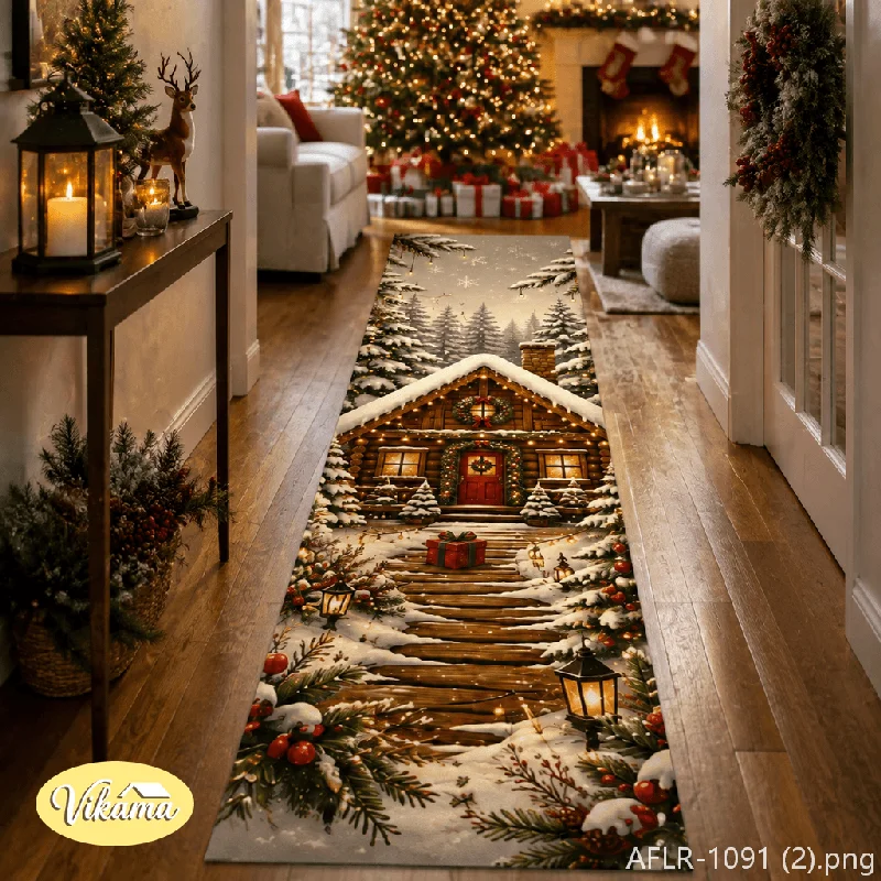 VIKAMA Christmas Hallway Runner Rug Winter Cabin Snow Print Crystal Velvet Corridor Mat For Home Holiday Decor