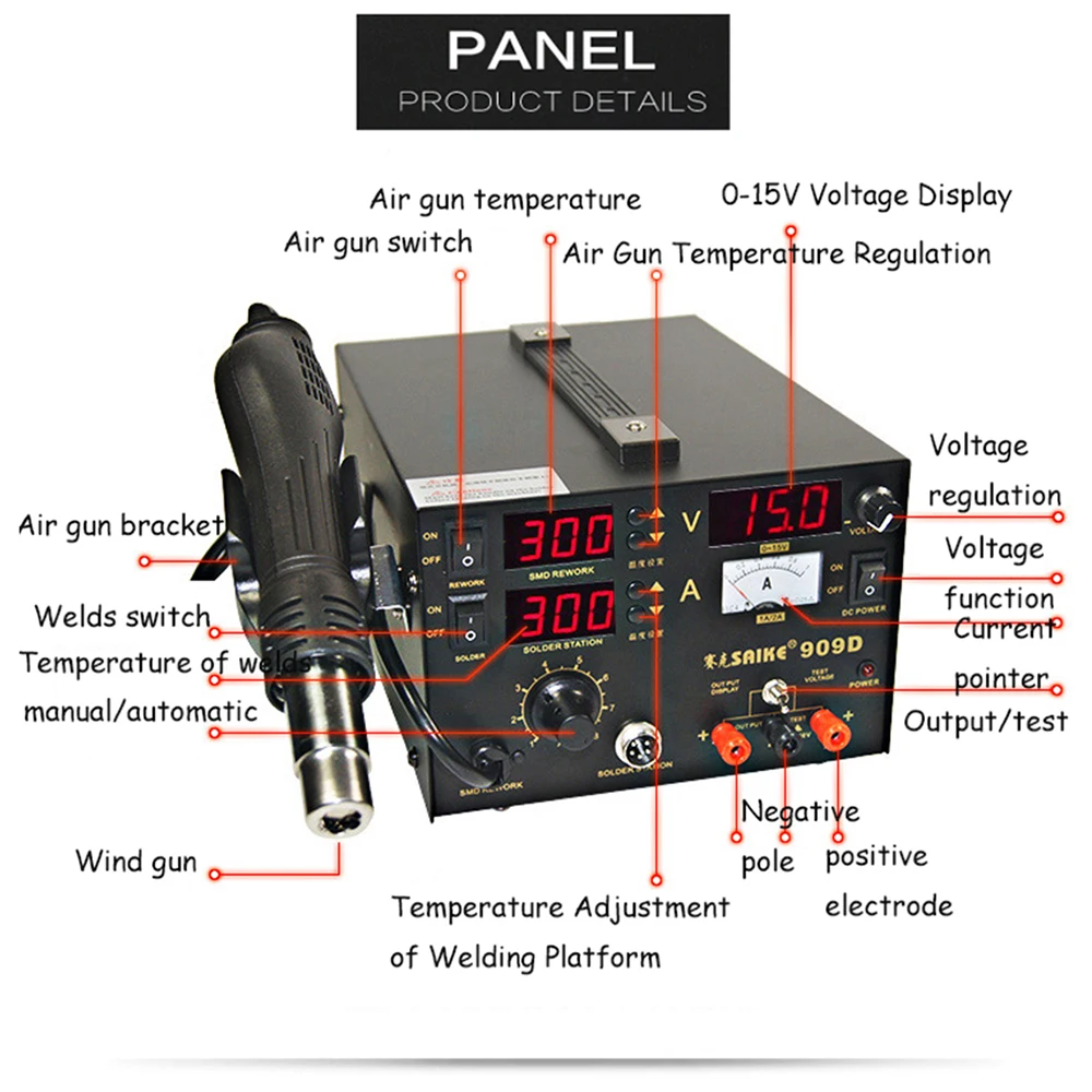 SAIKE 909D 3 in 1 Soldering Station Hot Air Gun Desoldering Electric Iron Welding 1A/2A 0-15V DC Regulated Power Supply