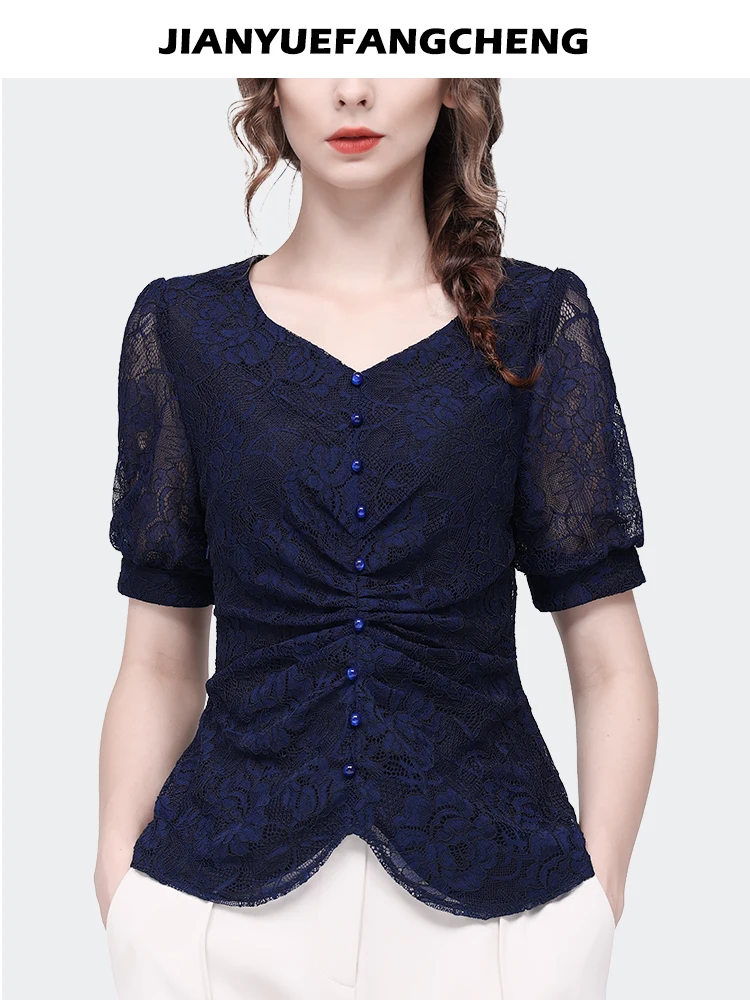 Vintage Hook Flower Hollow Women\' Short Sleeve V-neck Lace Shirt 2023 Summer Tops Slimming Cinch Waist Casual Blouses