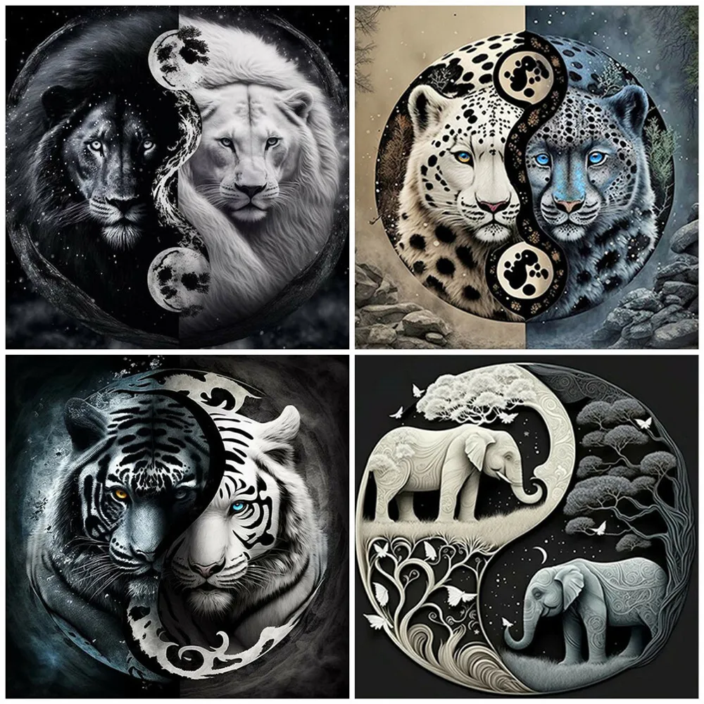 1pc frameless   5D DIY Full Diamond Painting Tai Chi Tiger Lion Mosaic Animal Rhinestone Kit Wall Decor For Living Room
