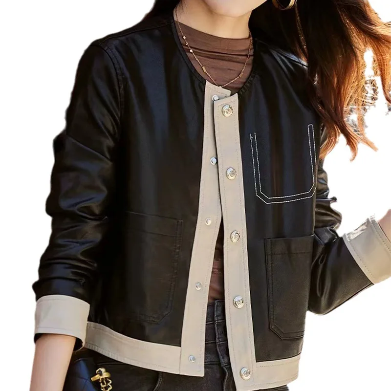 Spring New Patchwork Leather Coat Women Short Round Neck Motorcycle Leather Jacket Casual black beige Single Breasted PU Outwear