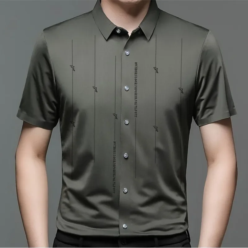 

Summer New Shirts for Men Short Sleeve Turn-down Collar Printing Fashion Blouse Button Striped Casual Loose Slim Tops WT9