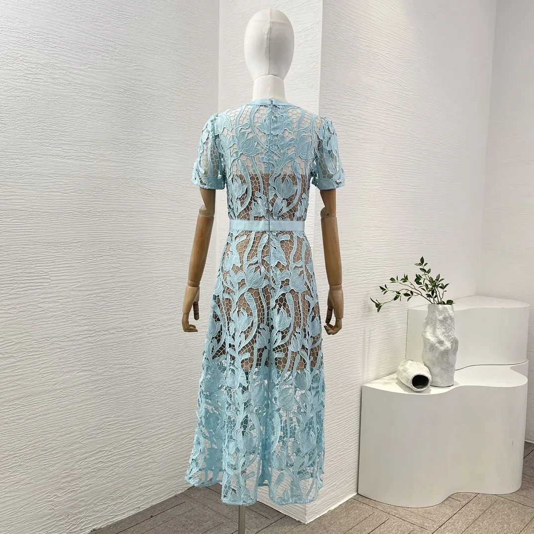 فستان نسائي وردي/أزرق شبكي ميدي فستان دانتيل مرقع مفرغ شفاف من خلال فستان أنيق وأنيق 2025 جديد #3