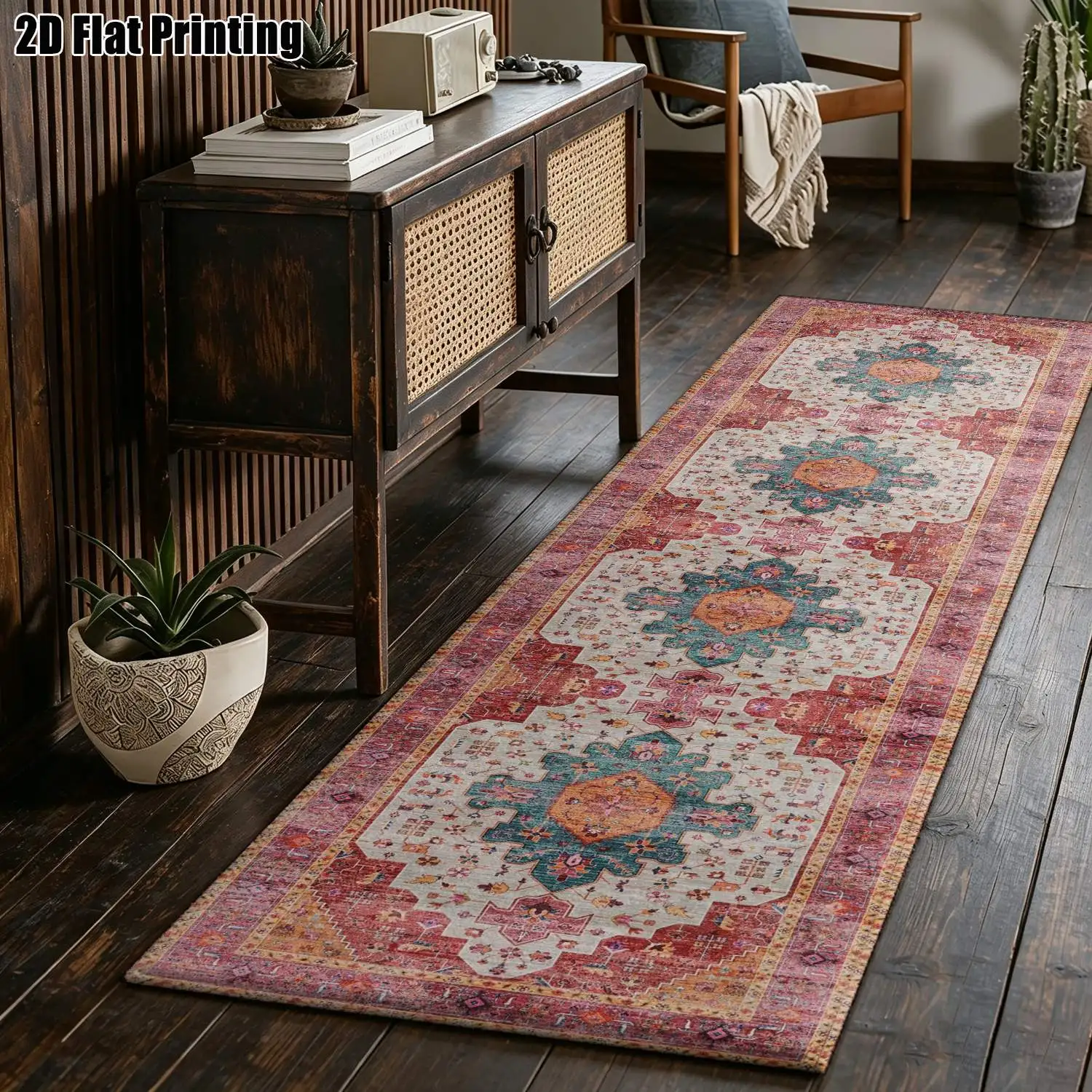 1Pc 2D Printed Long Strip Runner Rug: Vintage Pink Green Floral, European/Bohemian/Geometric Simple Style, Home Decor, Multi-Size, Machine Washable, for Entryway, Hallway, Bedroom, Kitchen