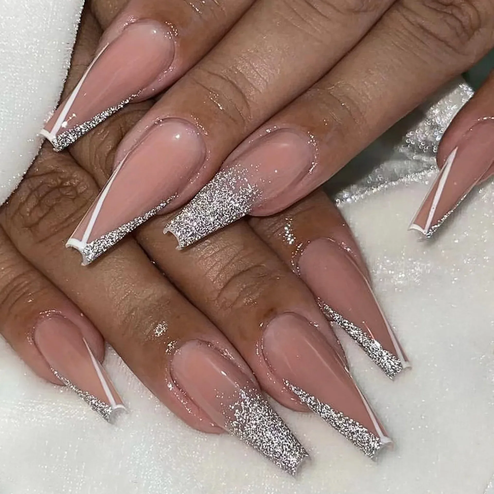 24 Uds. De uñas postizas cuadradas largas con purpurina, mariposa 3D francesa con diseño de perlas y flores, uñas postizas de Ballet, conjuntos de prensado usables