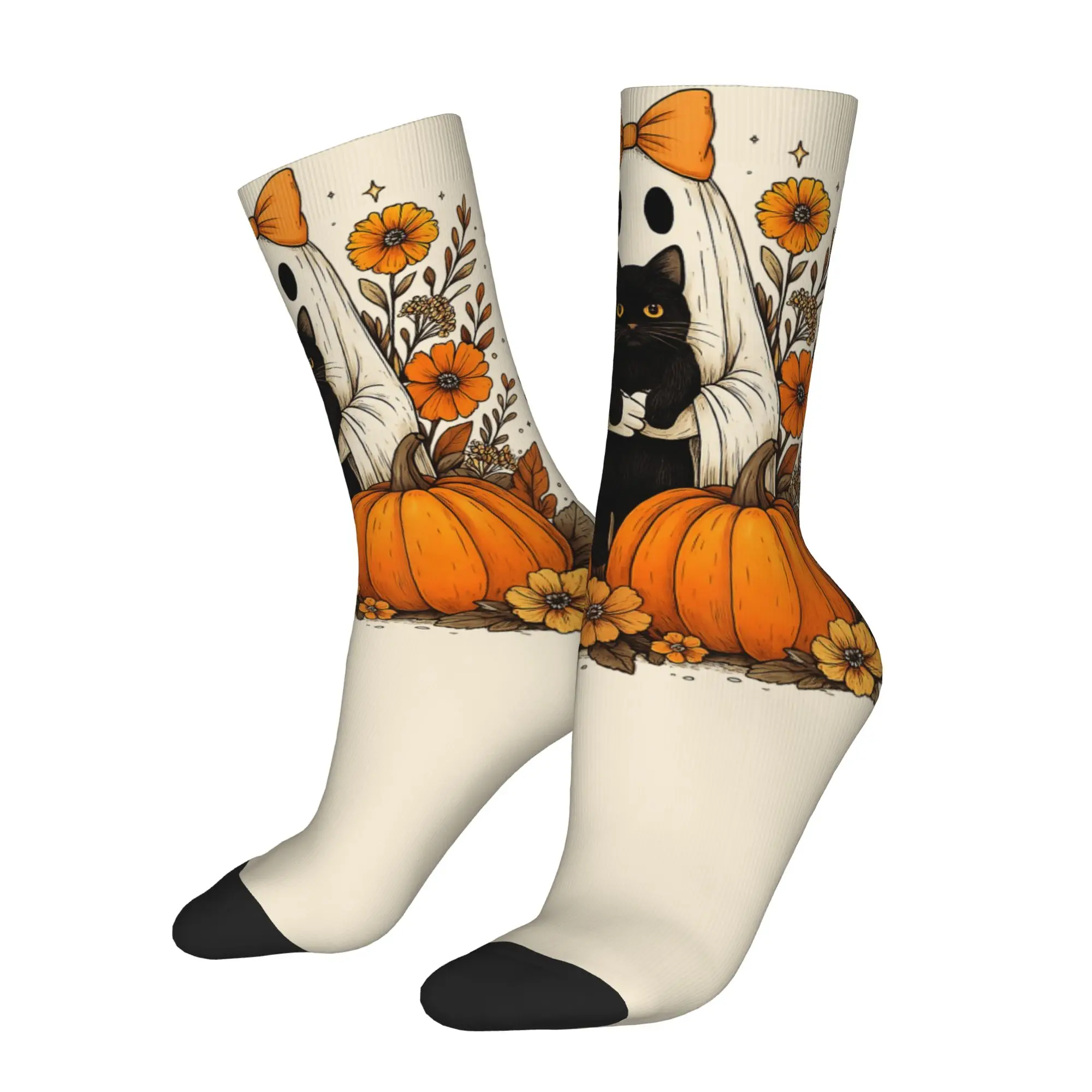 Harajuku Vintage Halloween Ghost Holding Black Cat Basketball Socks Groovy Floral Polyester Crew Socks for Women Men Non-slip
