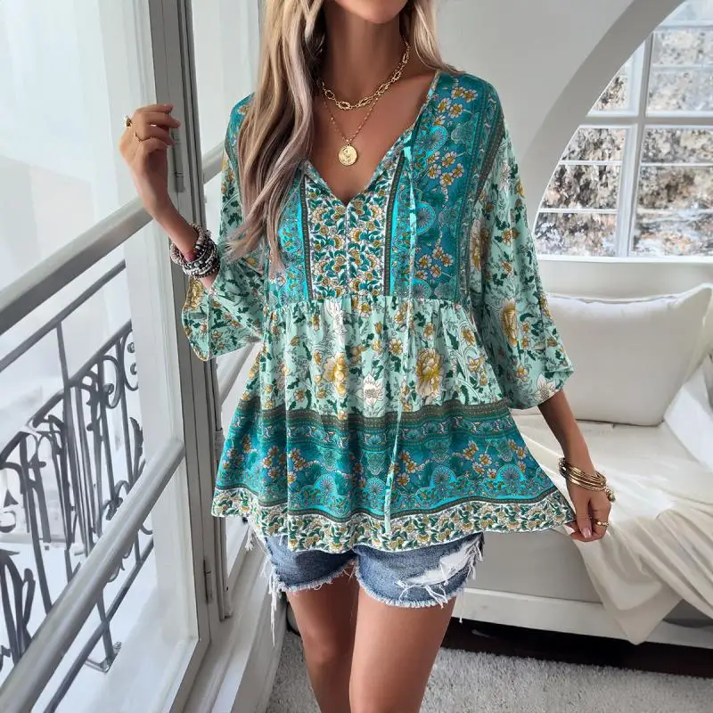 Spring Summer Blouse Vintage Floral Shirt Loose Long Sleeved T-Shirt Retro Tops Green Blouse Fashion Streetwear Female Clothing