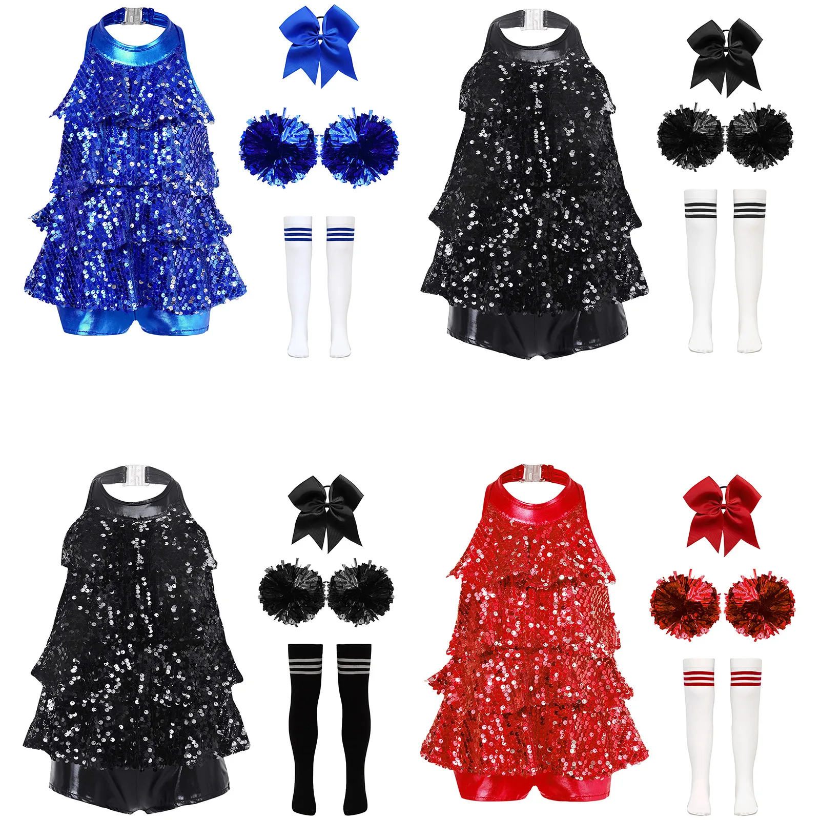 Costume de pom-pom girl à paillettes brillantes pour enfants, tenues licou, robe justaucorps de danse, vêtements d'équipe d'encouragement, ensembles de vêtements de danse pour filles