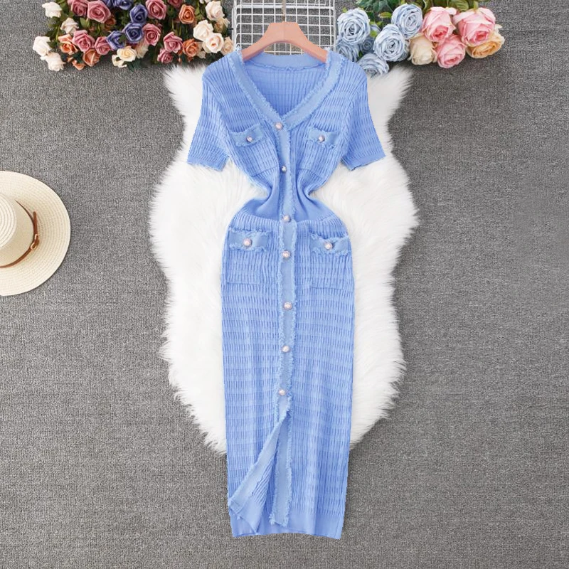 YuooMuoo 2025 New Arrival Women Knitted Long Dress Elegant V-neck Single-breasted Split Sweater Dress Office Lady Vestidos