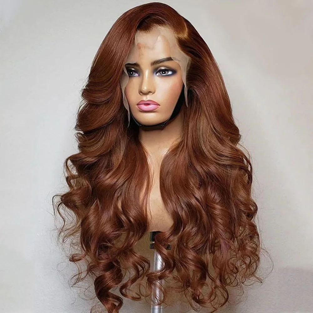 

Preplucked Soft 26Inch Long Orange Brown Wave 180Density Natural Hairline Deep Lace Front Wig For Black Women Baby Hair Daily
