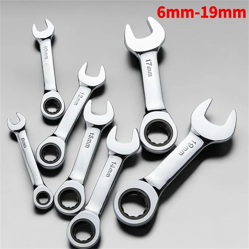 Chave Catraca de Cabo Curto 6/7/8/9/10/11/12/13/14/15/16/17/18/19mm com Cabeça Fixa, Ferramenta Manual Profissional