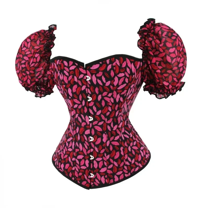 Red Lips pattern Print Sexy Corset Top Off Shoulder Plus Size Burlesque Overbust Lace Up Bustier Straps Sleeve Sexy Corselet