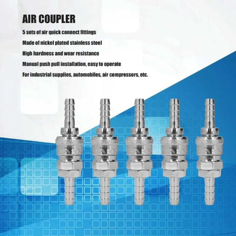 5 Sets Air Coupler Nickel Plated Stainless Steel Pneumatic Quick Connect Fittings And Plug Kit(5x8 Long Tail (SH+PH-20) )