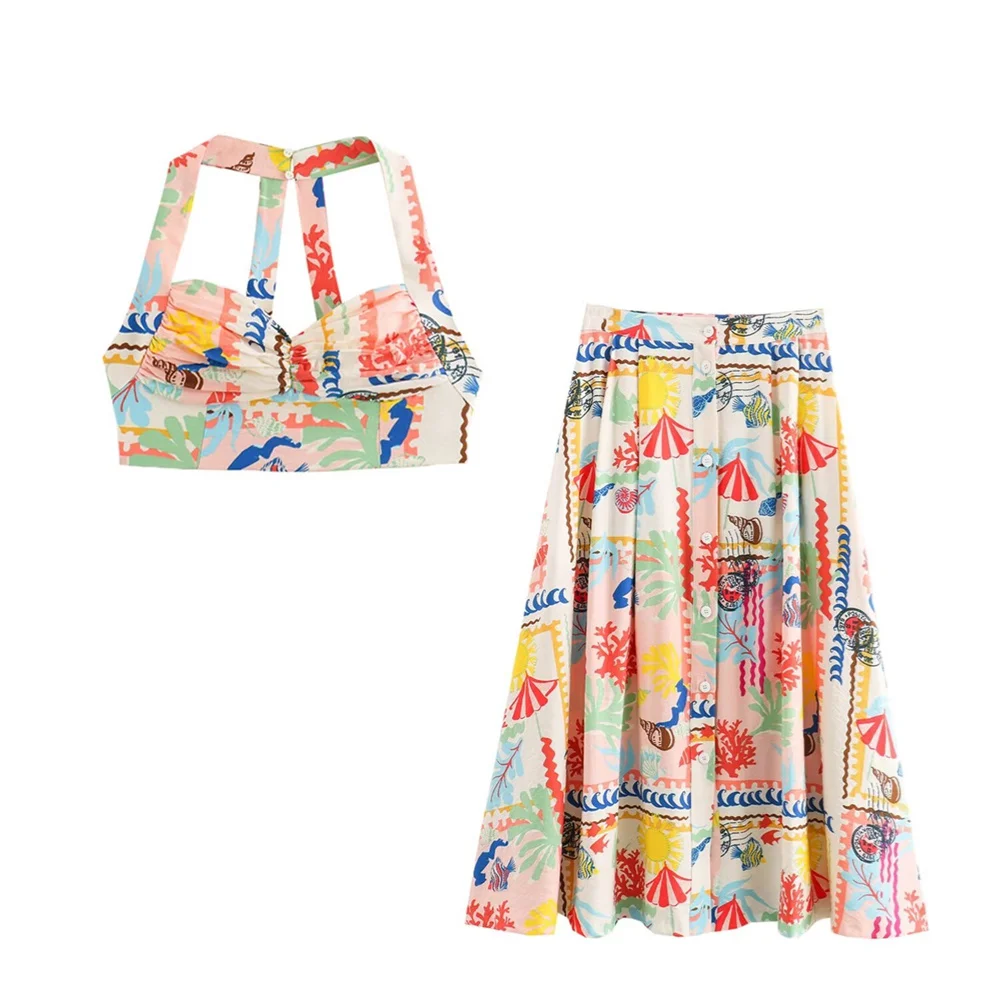 2024ZAR4 Summer New Women\'s temperament V-neck wide shoulder strap patchwork printed short top high waisted cape skirt set