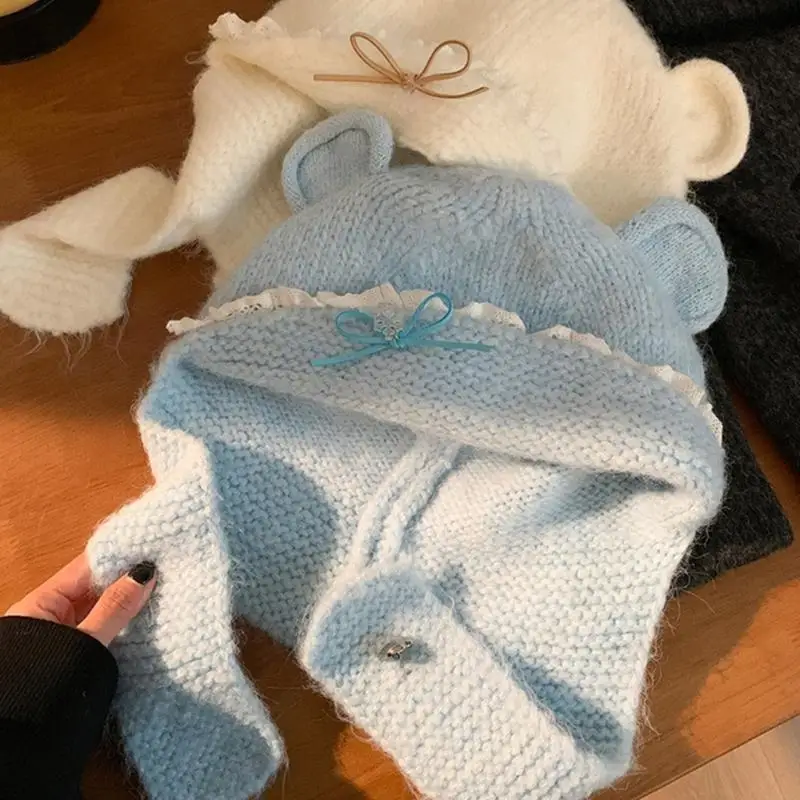 

39BD Kids Cartoon Head Wrap Thicken Knit Bear Hat for Climbing Skiing Sports Headwear White Bear Hat Oversized Headwear