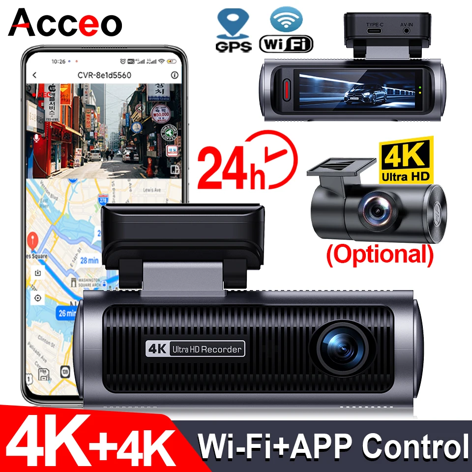 

Видеорегистратор 4K Ultra HD с Wi-Fi и GPS, записью спереди и сзади, круглосуточным мониторингом парковки, управлением через приложение, ночным видением