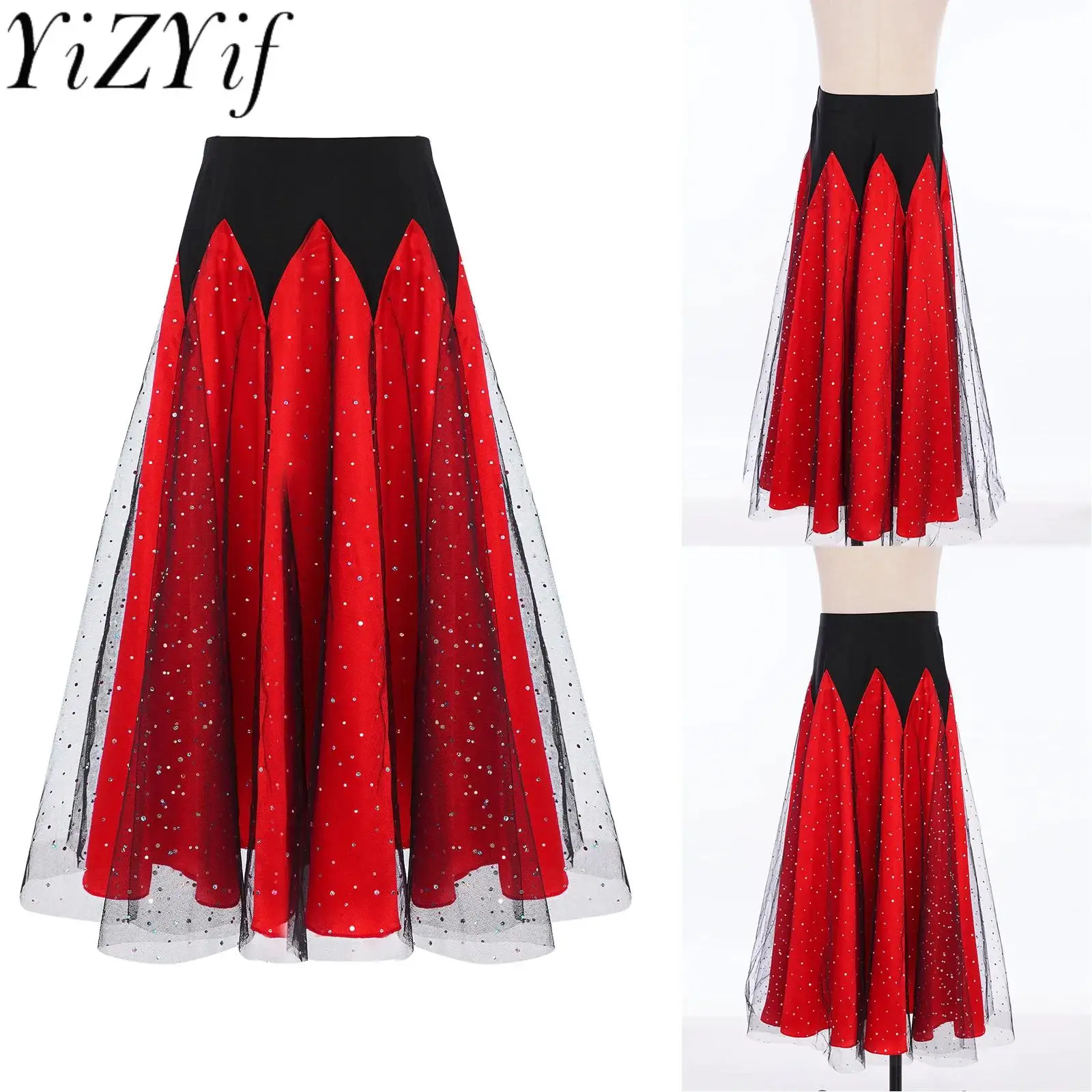 

Kids Girls Waltz Ballroom Dance Performance Skirts Part Raves Stage Dance Skirt Elastic Waistband Glittery Sequins Tulle Skirts