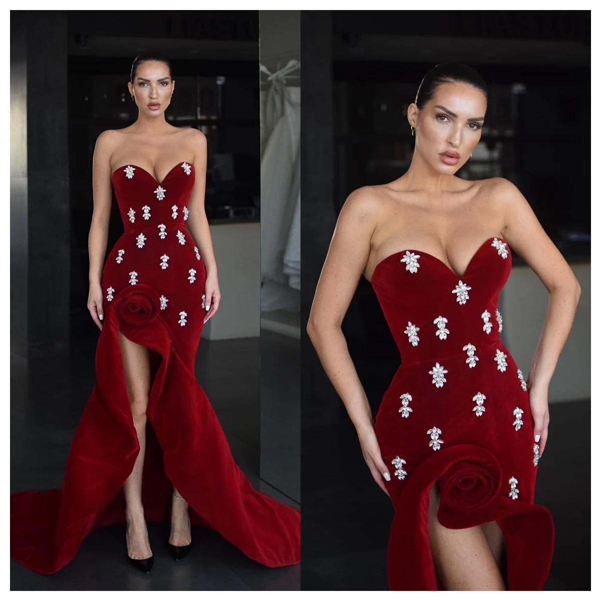 

Customized Delicate Burgundy Velvet Evening Dress Strapless Sleeveless Celebrity Gowns Bespoke Occasion Gowns Crystal Sexy
