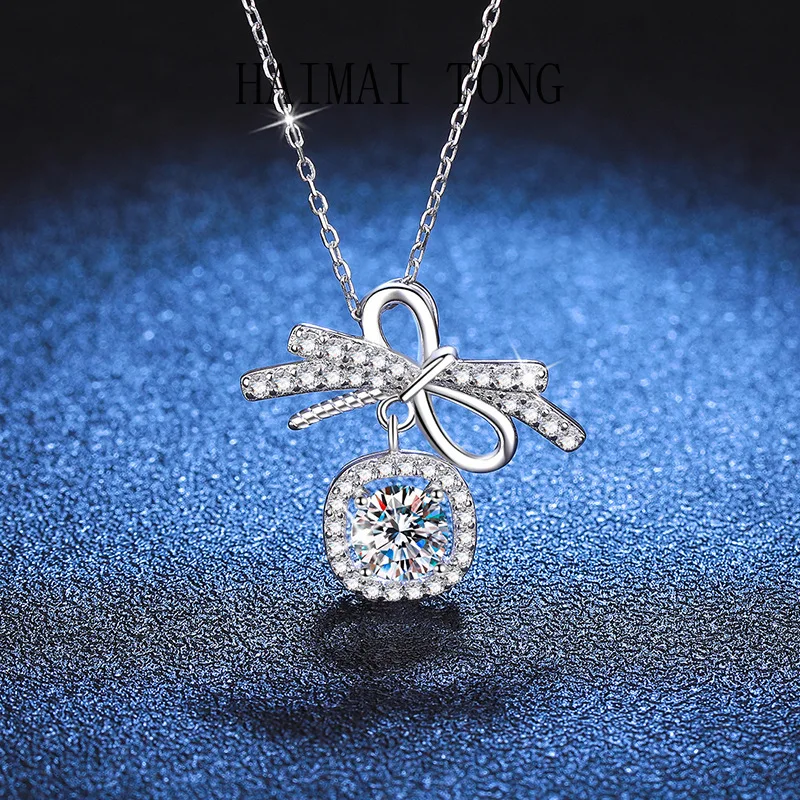 

HAIMAITONG PT950 Platinum European and American cross-border, necklace women, moissanite light luxury bow pendant 1 carat moissa