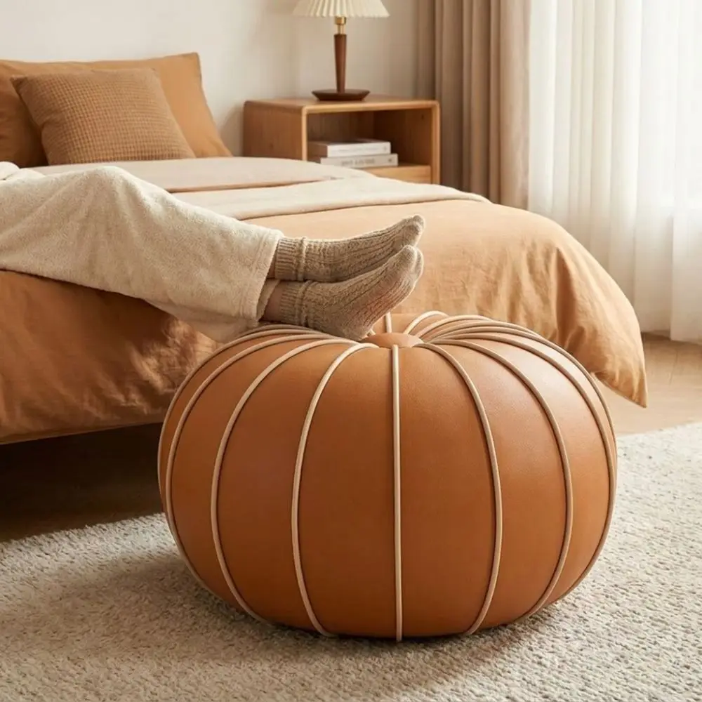 Modern PU Leather Pouf Ottoman Cover Large Capacity Unstuffed Pumpkin Pouf Cover Minimalist Round Storage Bag Entrance