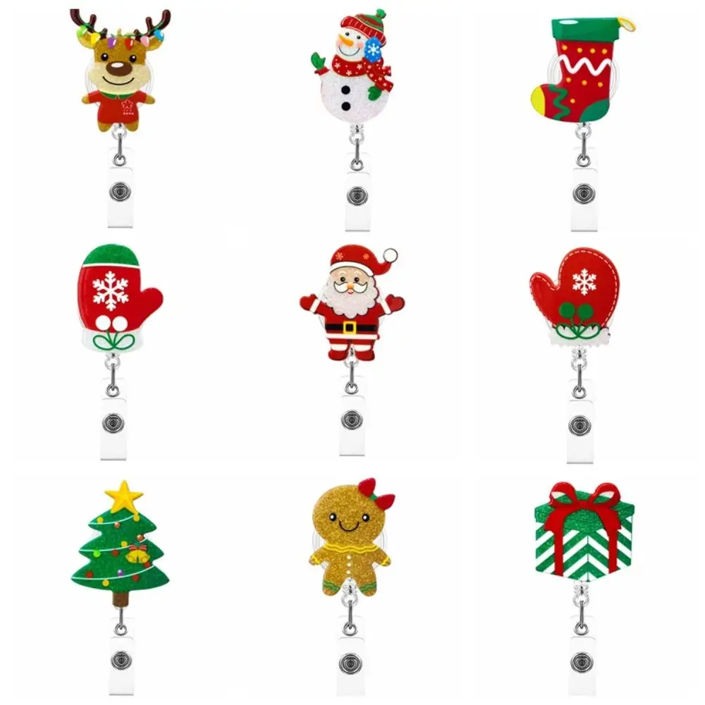 

Acrylic Christmas Badge Reel Santa Claus Gingerbread Retractable Badge Holder Glitter Shiny Xmas Decoration ID Card Holder