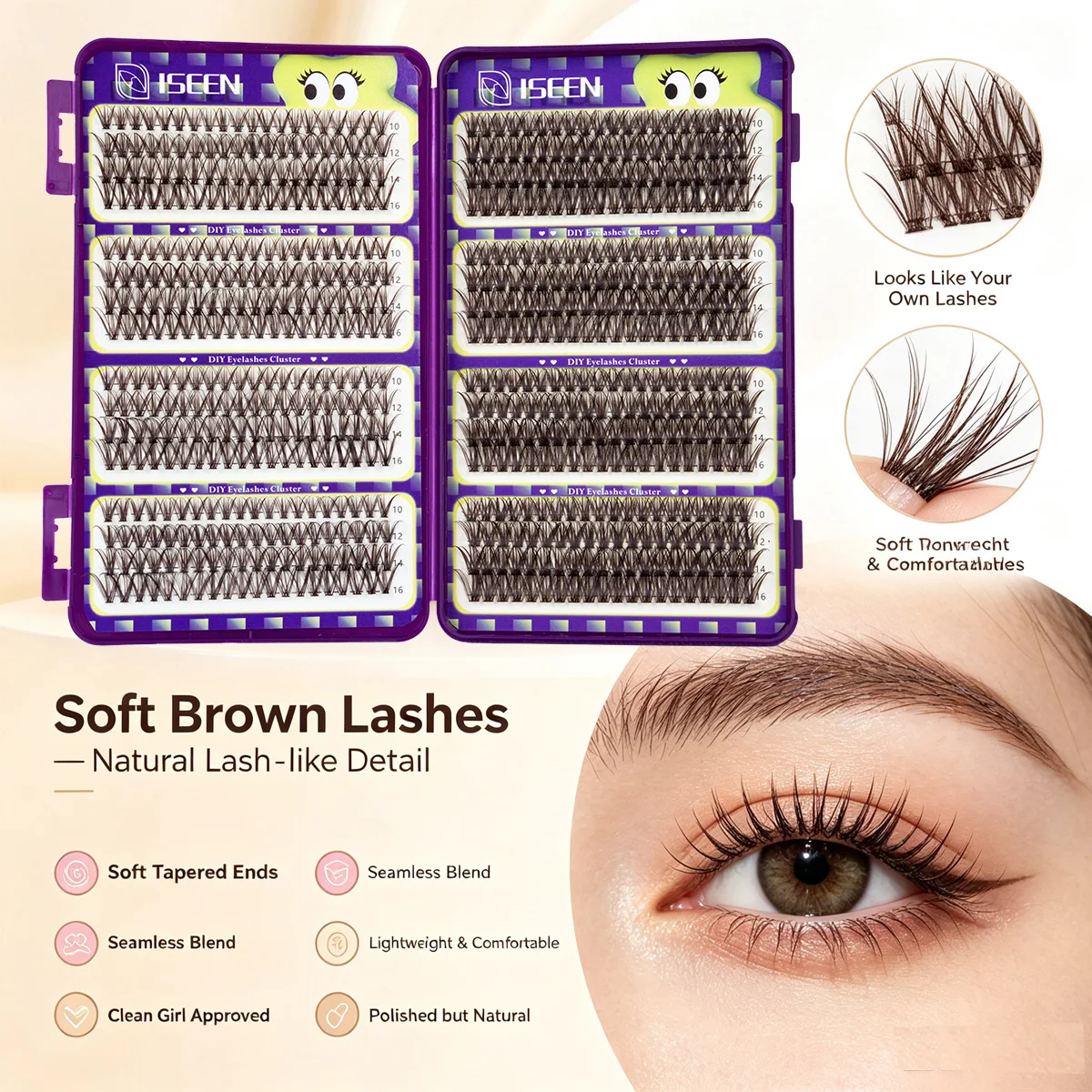 Braune Cluster-Wimpern DIY Einzelne Wimpernbüschel Natürliche Wispy-Wimpernverlängerungen Band Sauberer Mädchen-Make-up-Look Wiederverwendbar – Detail 2