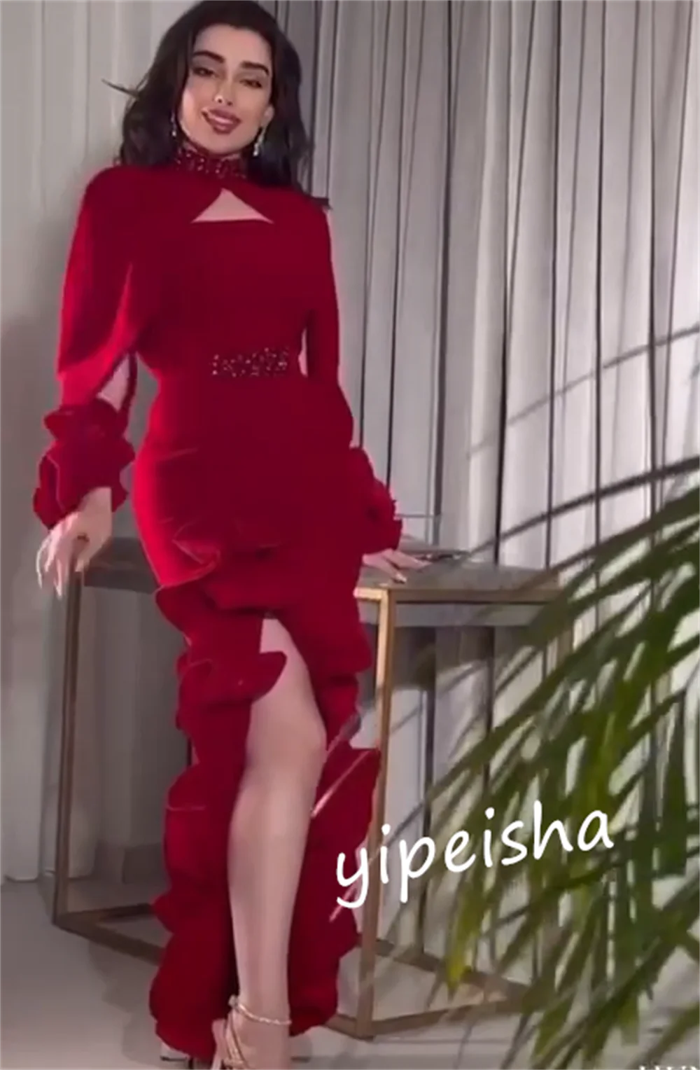 Jiayigong-Vestido largo plisado con cuentas, traje de cuello alto, a medida, Arabia Saudita