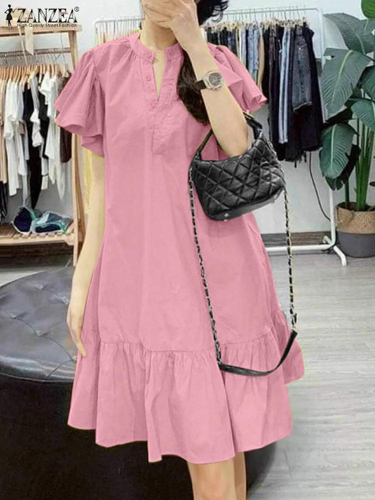 Stilvolle Rüschen Damenkleider 2025, ZANZEA Sommerkleid, Stehkragen, kurze Ärmel, Arbeit, Vestidos, Mode, Urlaub, Sommerkleid, Minikleid