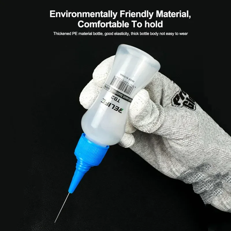 Botella de solvente de tubo de aguja RELIFE TB2, diseño de doble tapa, sellado fuerte, fácil de controlar, dosificación, botella de líquido para eliminación de Alcohol/marco
