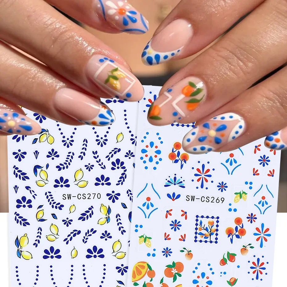2 uds pegatinas de Arte de uñas de estilo bohemio 3D lindas hojas de limón naranja pétalos calcomanías de uñas DIY deslizadores adhesivos decoración de manicura de verano