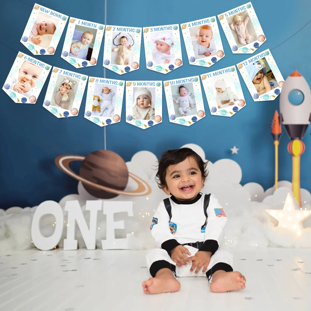 Funmemoir Outer Space Theme 1st Birthday Photo Banner First Trip Around The Sun Birthday Decoration for Newborn To 12 Months Boy