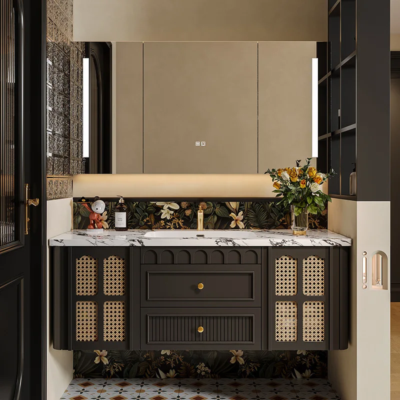 

Дубовый ротанг, американский шкаф для ванной комнаты, французская ретро-комбинированная раковина, керамическая встроенная раковина