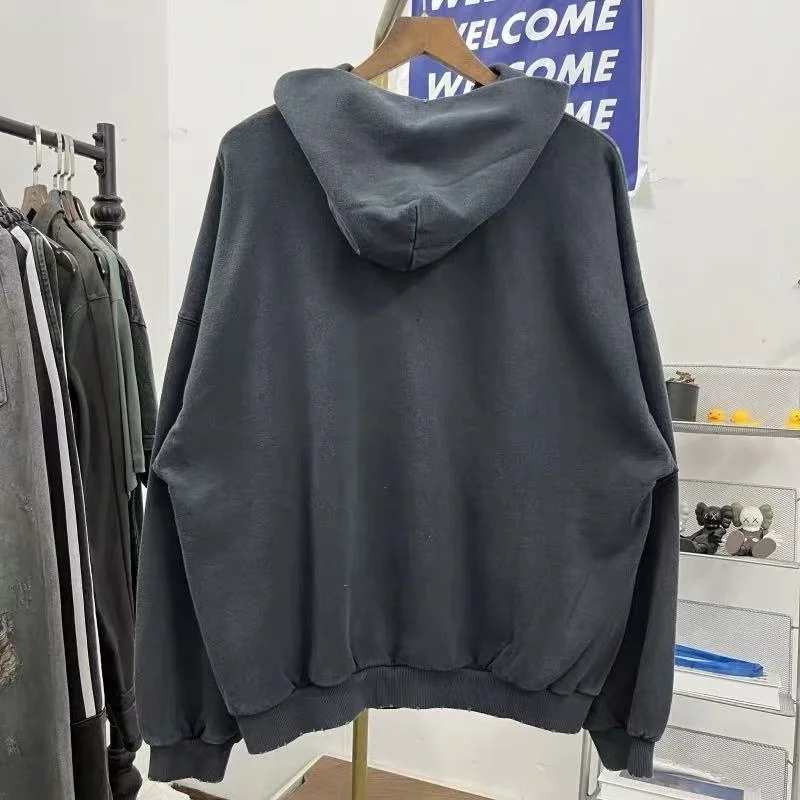 Gray New Fall/Winter Pocket Design Vintage Loose-Fit Hooded Hip-Hop Casual 100% Cotton Sweatshirt