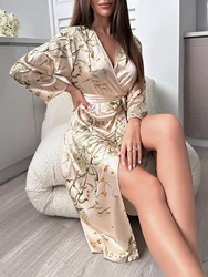 Floral Print Night Robe  Elegant Long Sleeve V Neck Robe With Belt  Women's Sleepwear