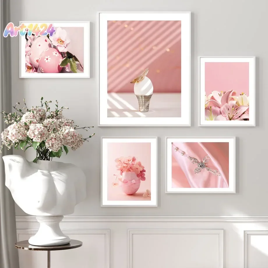 Easter Pink Rabbit Egg Lily Sakura Wall Art Aesthetics Print Canvas Painting Posters for Living Room Modern Home Decor
