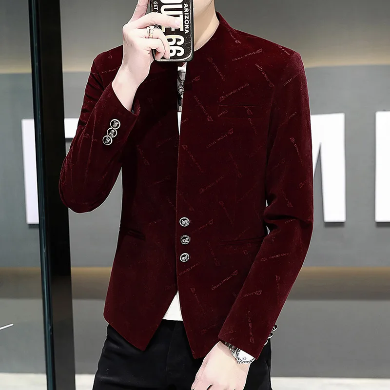 Luxury Velvet Standing Collar Suit Jacket for Men Slim Single Breasted Blazer Masculino Casual Business Social Wedding Blazers