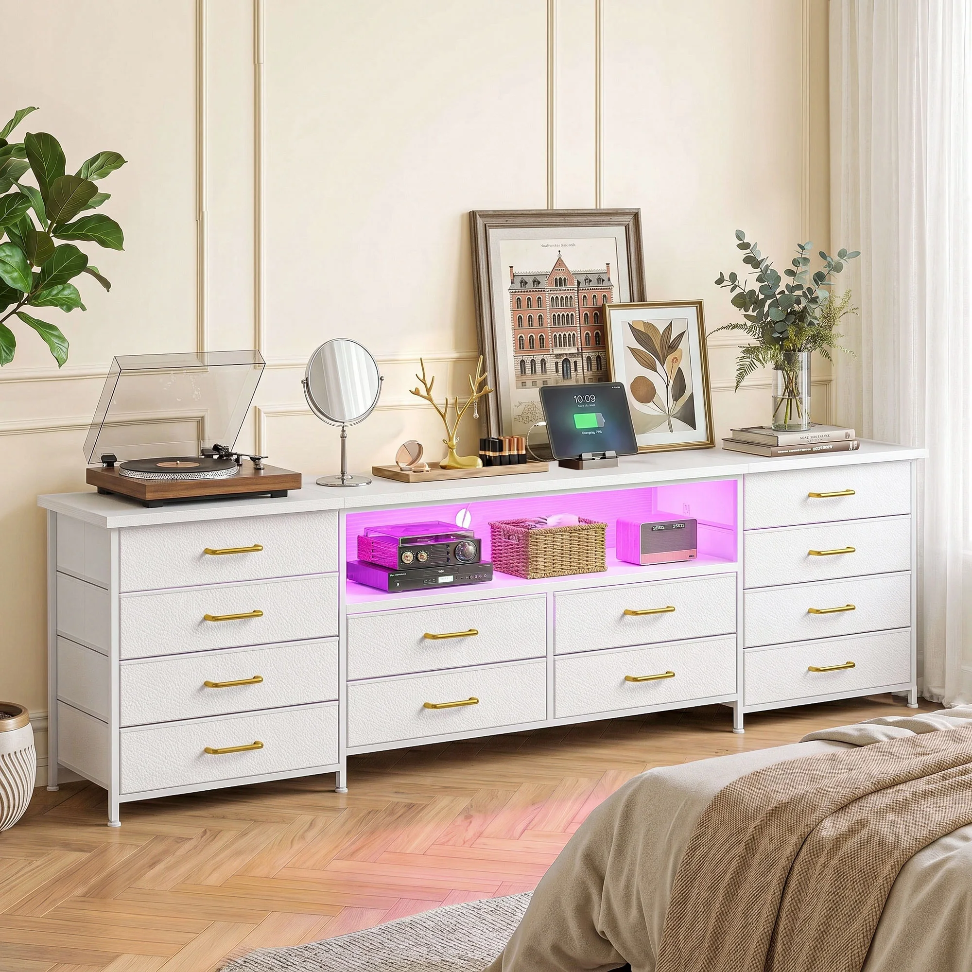 12‑Drawer Media Console with LED & Charging Station – Supports 55/65/70