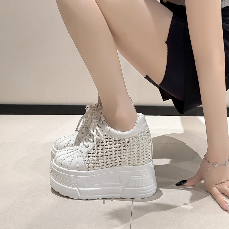 2026 New Summer Women's Leather Sneakers High Platform Lace-up Casual Shoes Hollow out 12CM Heels Walking Shoes Zapatos Mujer