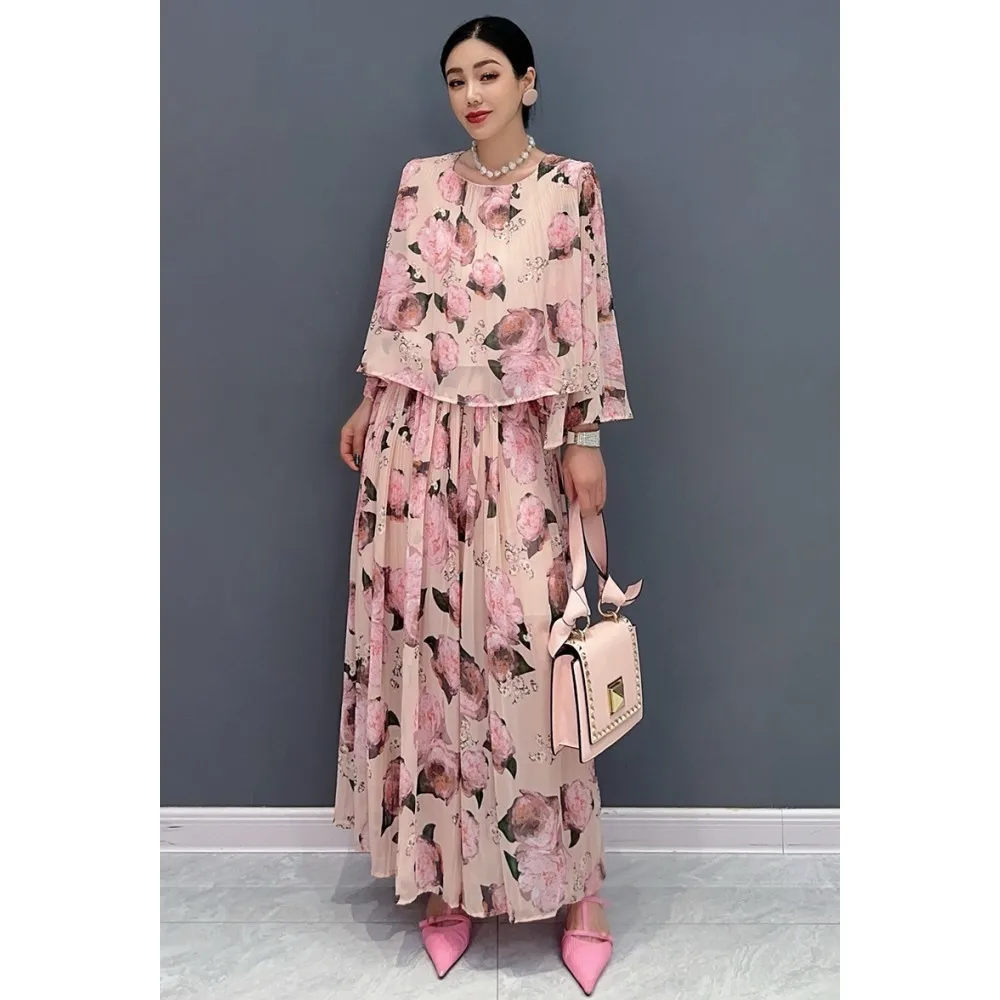 

2024 Summer Autumn New Women Dress Set Printed Loose Round Neck Chiffon Shirt + Large Swing Skirt Two Piece Set Elegant LX1645