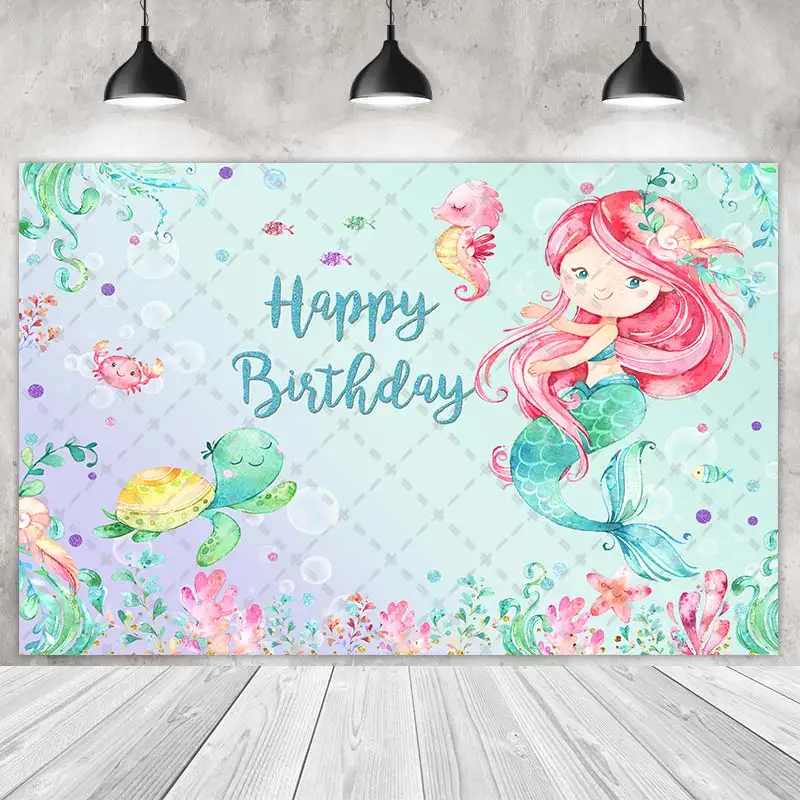 Under The Sea-Mermaid Party Backdrops Children Birthday Photography Cake Smash Light Green Background Shoot Customize Name Photo