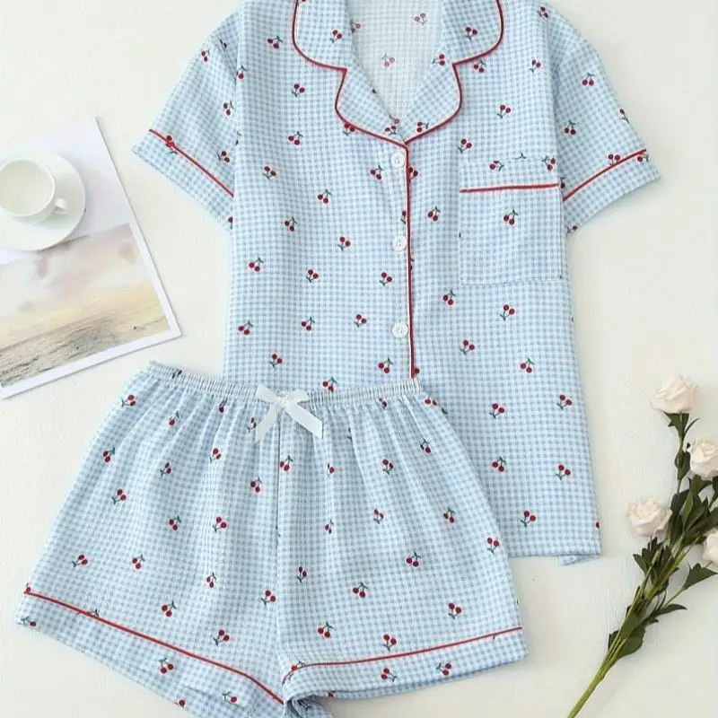 

Очаровательный комплект одежды с вишневым принтом, модный женский костюм-двойка, милый зимний наряд, китайского производства, средний размер