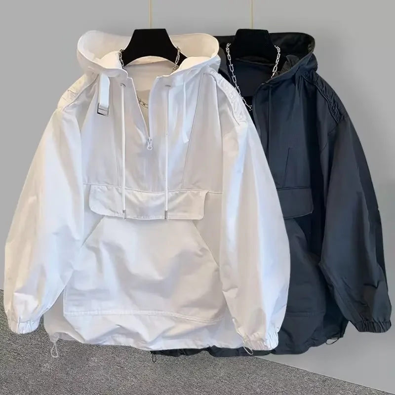 Korean Fashion Brand Couple Wear Men's Jacket Windbreaker Design Casual Loose Coat Trend Spring and Autumn Hooded Charge Coat