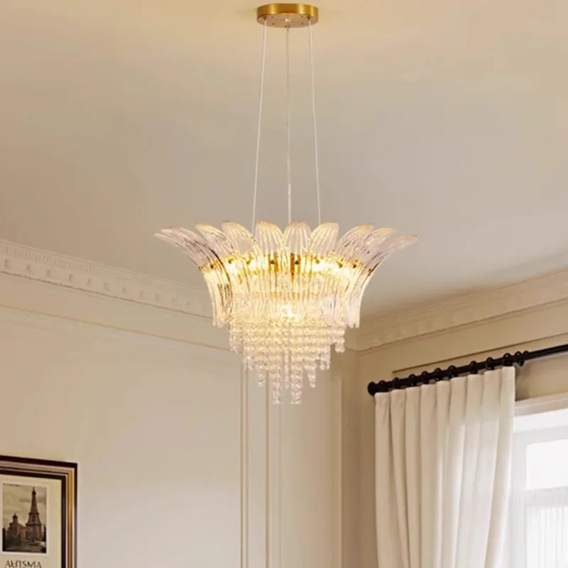 Candelabro francés de cristal para comedor, villa de estilo retro de lujo, sala de exposiciones, hoja de cristal, dormitorio europeo, sala de estar