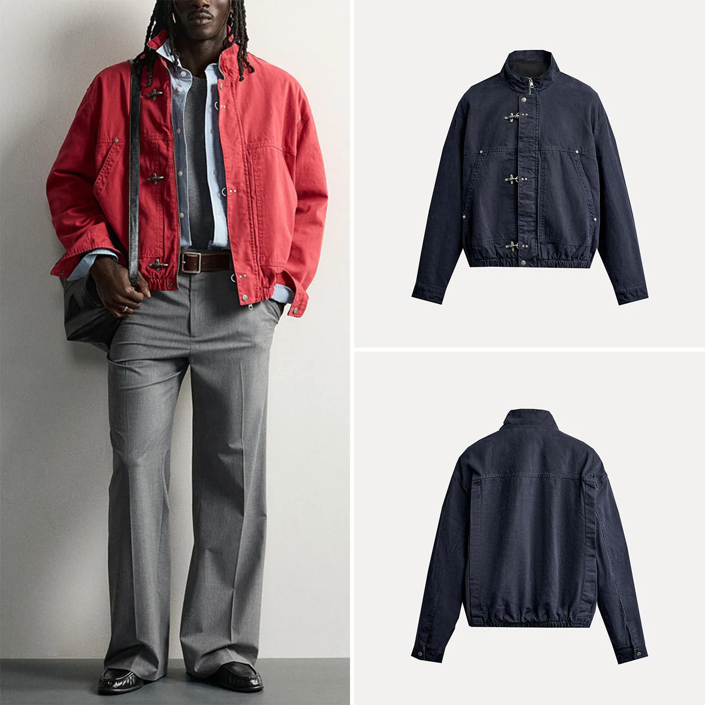 Men's Loose Fit Metal Rope Buckle Washed Jacket 2026 Autumn Casual Style Long Sleeve Zipper Closure Stand Collar Coat